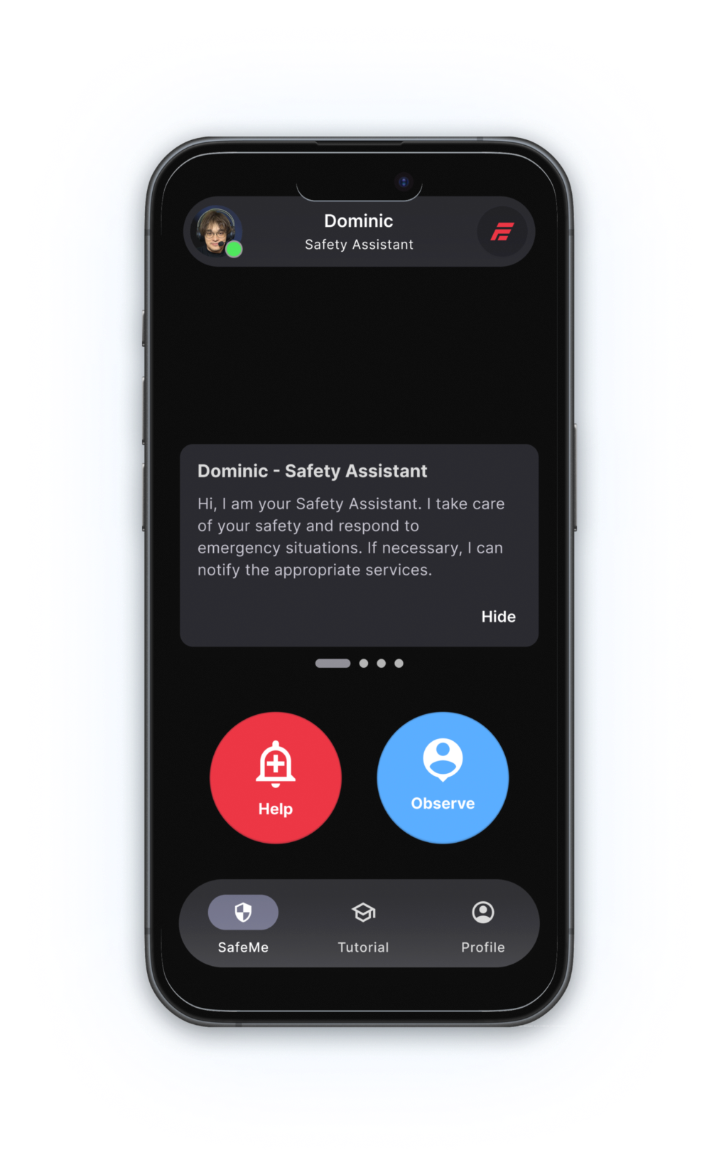 SafeMe app home screen with the Help and Observation buttons